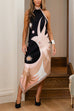 Mixiedress Halter Neck Open Back Asymmetric Hem Printed Satin Midi Dress