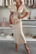Mixiedress V Neck Twist Front Waisted Satin Midi Dress