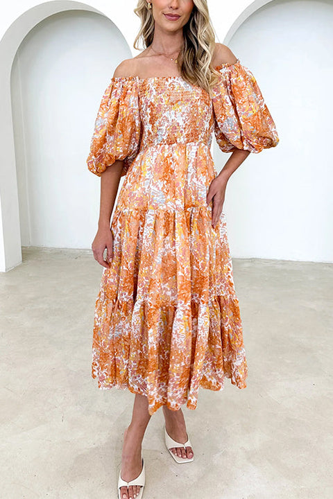 Mixiedress Off Shoulder Puff Sleeves Tiered Printed Midi Holiday Dress