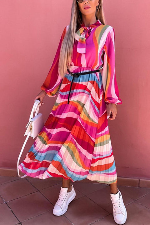 Mixiedress Tie Neck Long Sleeves Color Block Pleated Maxi Dress