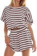 Mixiedress Striped Short Sleeves Crop Top and Elastic Waist Pocketed Shorts Set