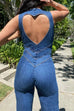 Mixiedress Zip Up Sleeveless Heart Back Bell Bottom Denim Jumpsuit