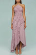 Mixiedress Strappy Halter Neck Ruffle Trim Asymmetric Hem Pleated Maxi Dress