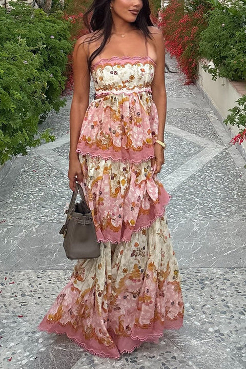 Mixiedress Spaghetti Strap Back Lace-up Ruffle Layered Floral Print Maxi Dress