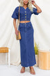 High Rise Back Slit Pocketed Denim Maxi Skirt