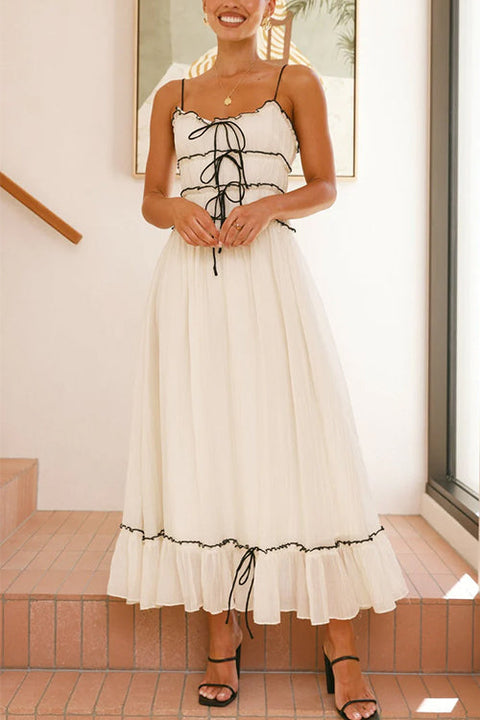 Mixiedress Spaghetti Strap Frill Trim Tie Bow Maxi Dress