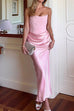 Mixiedress Strapless Ruched Satin Splice Bodycon Maxi Dress