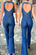Mixiedress Zip Up Sleeveless Heart Back Bell Bottom Denim Jumpsuit