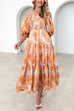Mixiedress Off Shoulder Puff Sleeves Tiered Printed Midi Holiday Dress