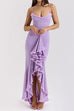 Mixiedress Spaghetti Strap Frill Trim Draped Slit Maxi Dress