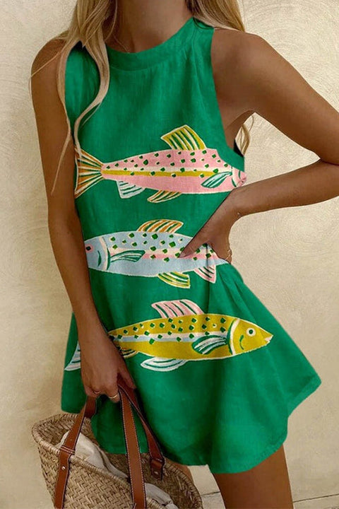 Mixiedress Crewneck Sleeveless Fish Print Mini Beach Dress