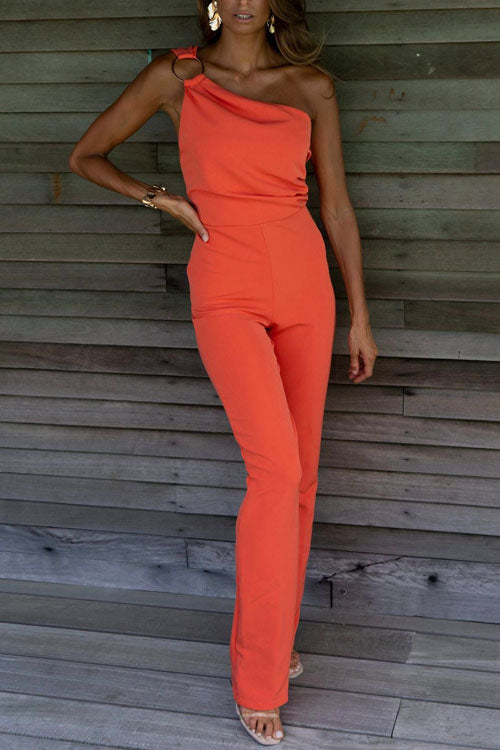 Mixiedress One Shoulder Sleeveless Ruched Solid Jumpsuit