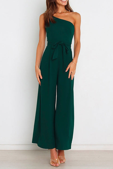 Mixiedress One Shoulder Tie Waist Wide Leg Cami Jumpsuit