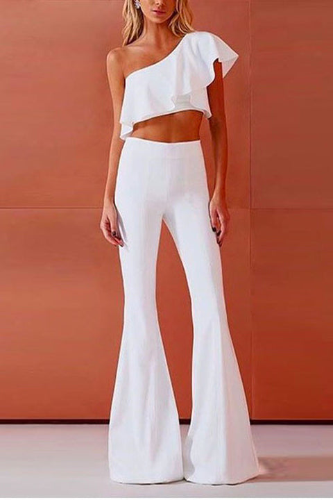 Mixiedress Ruffle One Shoulder High Waist Bell Bottoms Jumpsuit