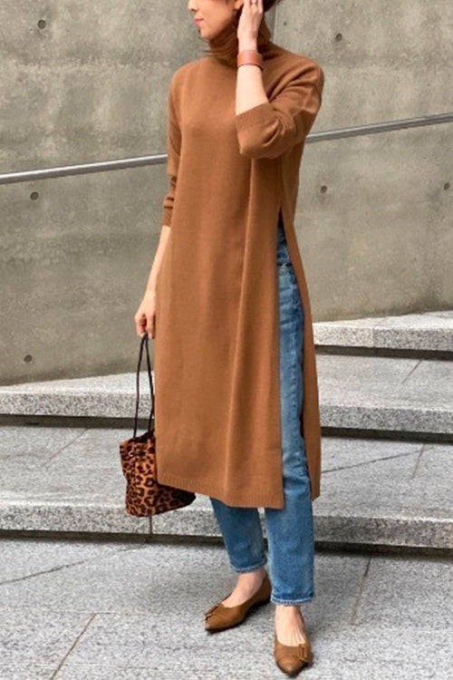 Turtleneck Drop Shoulder Side Slit Loose Sweater Dress