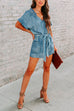Mixiedress V Neck Short Sleeves Tie Waist Pockets Denim Romper