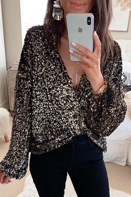 Mixiedress Open Front Long Sleeve Sequin Shirt