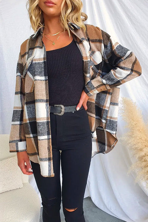 Mixiedress Lapel Button Down Pockets Plaid Shacket Coat