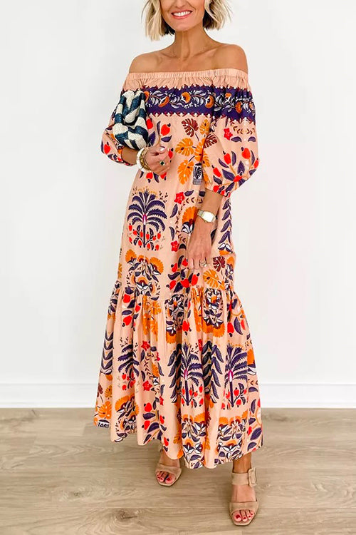 Mixiedress Off Shoulder Lantern Sleeves Printed Ruffle Maxi Dress