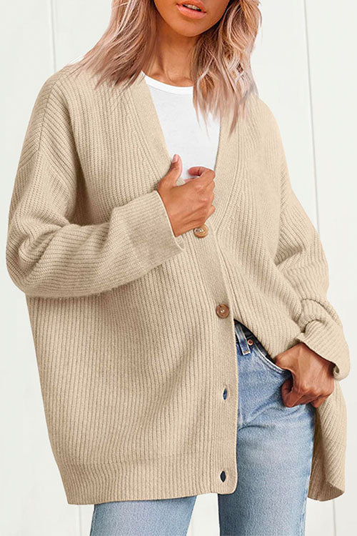 Mixiedress Button Down V Neck Loose Ribbed Knit Cardigan
