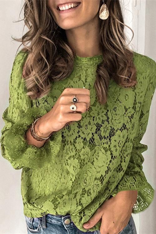 Mixiedress Crewneck Floral Lace Hollow Out Bell Sleeve Shirts