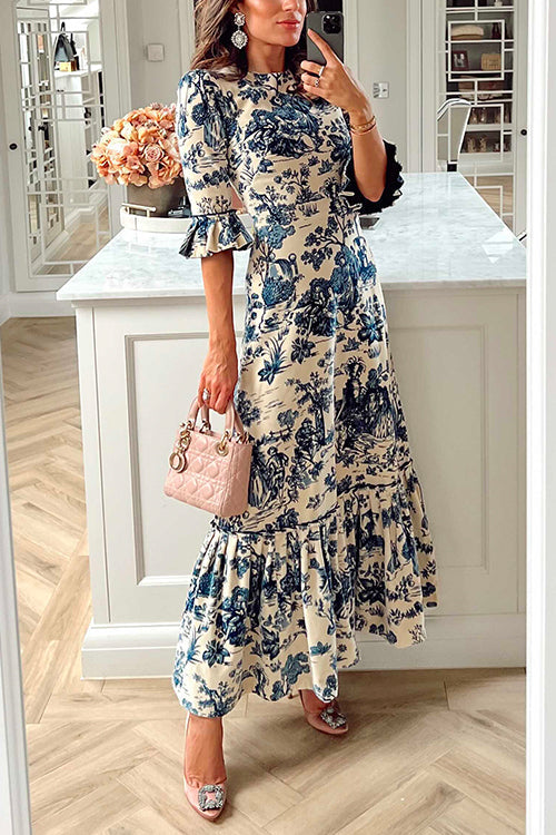 Bell Sleeves Waisted Landscape Printed Maxi Ruffle Dress