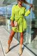 Mixiedress Rolled Up Long Sleeve Knot Waist Mini Shirt Dress