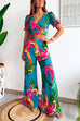 Mixiedress Floral Print V Neck Short Sleeves Crop Top Elastic Waist Wide Leg Pants Set