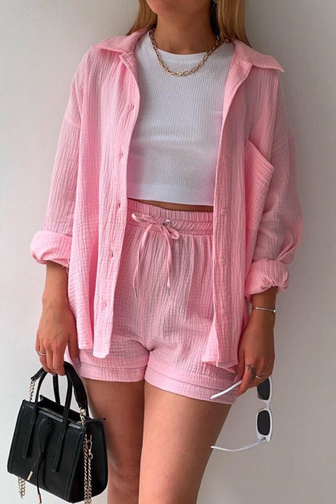 Mixiedress Drop Shoulder Long Sleeves Blouse Shirt Drawstring Waist Shorts Set