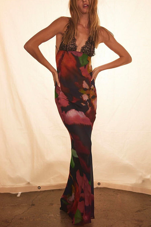 Mixiedress Backless V Neck Lace Splice Printed Maxi Bodycon Dress