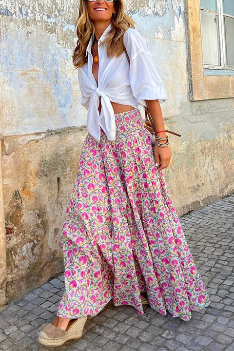 Mixiedress Frilled Elastic Waist Bohemia Floral Maxi Flowy Skirt