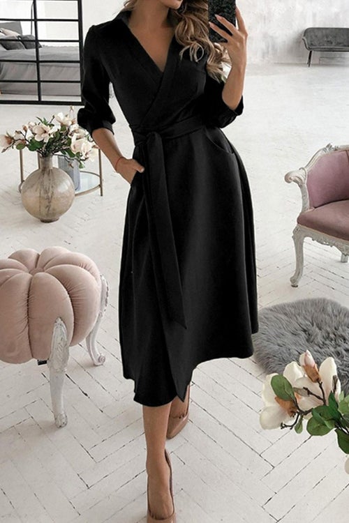 Mixiedress Fashion V Neck Long Sleeve Knot Waist Solid Dress