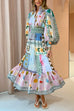 Mixiedress Puff Sleeves Smocked Waist Unique Printed Ruffle Maxi Dress