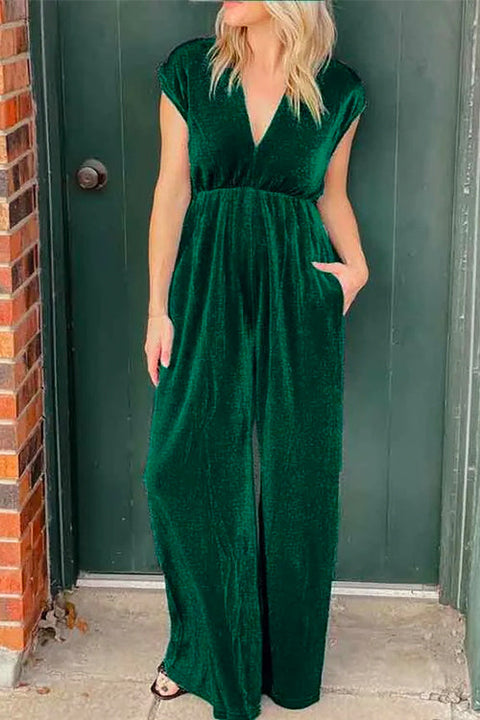 Mixiedress Deep V Neck Cap Sleeves Waisted Wide Leg Velvet Jumpsuit