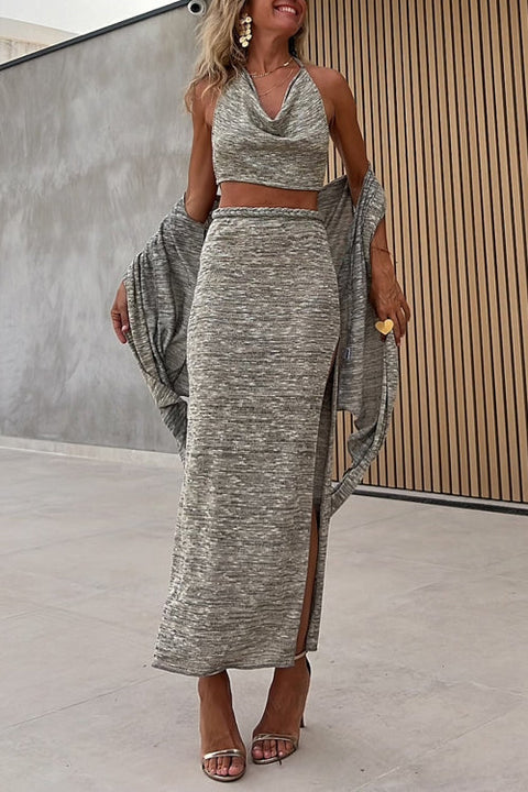 Cowl Neck Crop Cami Top and Side Slit Maxi Skirt Set