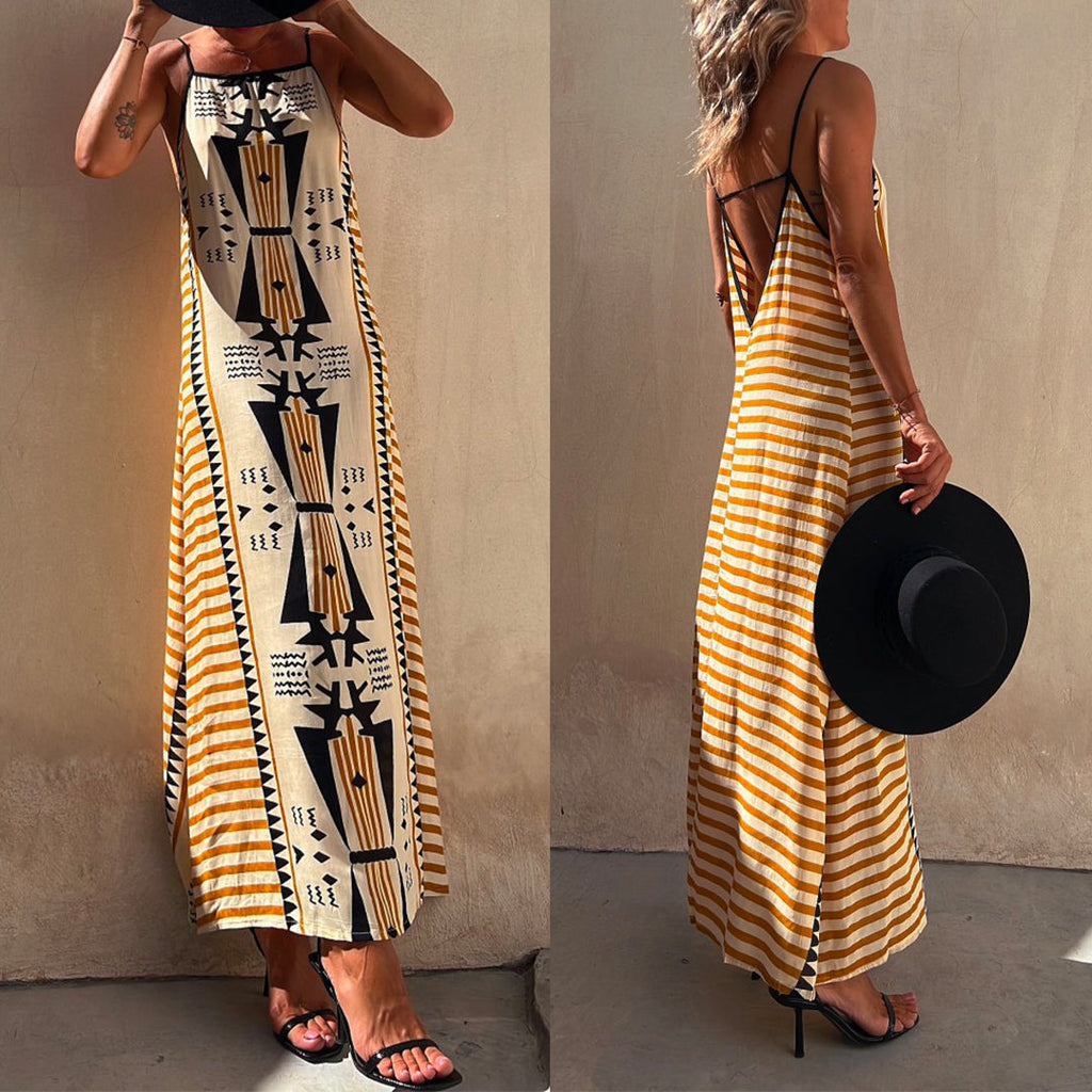 Mixiedress Stripes Splice Backless Ethnic Printed Maxi Cami Dress