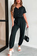 Mixiedress Short Sleeves Button Up Elastic Waisted Jumpsuit