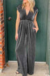 Mixiedress Deep V Neck Cap Sleeves Waisted Wide Leg Velvet Jumpsuit