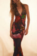 Mixiedress Backless V Neck Lace Splice Printed Maxi Bodycon Dress