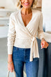 V Neck Long Sleeves Tie Knot Wrap Sweater Top