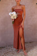 Mixiedress Square Collar High Slit Ruched Cami Party Dress