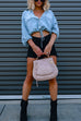 Mixiedress Long Sleeves Drawstring Hem Cropped Denim Shirt