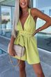 Mixiedress Deep V Neck Knot Waist Wide Leg Sleeveless Shorts Romper