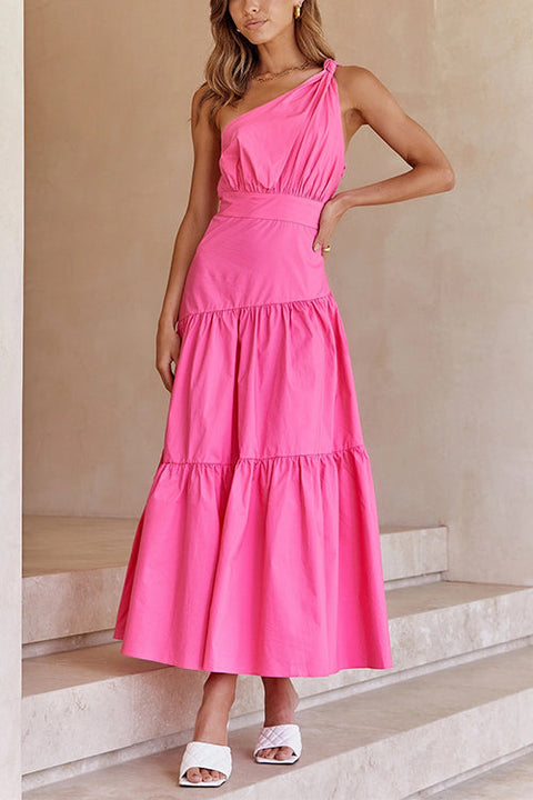 (4 Colors)Mixiedress One Shoulder High Waist Tiered Maxi Dress