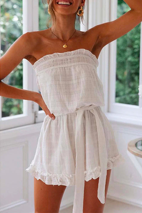 Mixiedress Off Shoulder Sleeveless Tie Waist Ruffle Romper