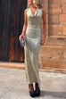 Cowl Neck Back Slit Sleeveless Metallic Maxi Bodycon Dress