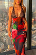 Mixiedress Backless V Neck Lace Splice Printed Maxi Bodycon Dress