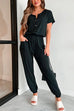 Mixiedress Short Sleeves Button Up Elastic Waisted Jumpsuit