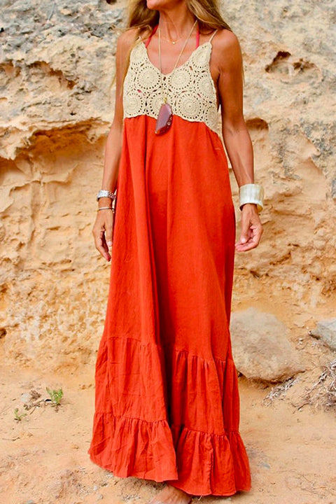 Mixiedress V Neck Hollow Out Splice Color Block Maxi Cami Dress