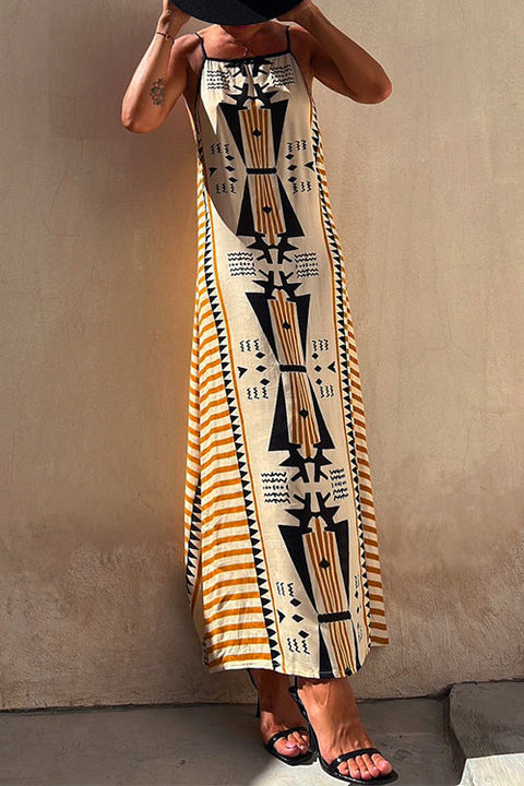 Mixiedress Stripes Splice Backless Ethnic Printed Maxi Cami Dress